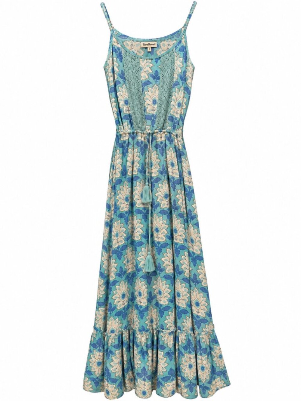 Tiare Hawaii Blue Floral Crochet Maxi Dress One Size